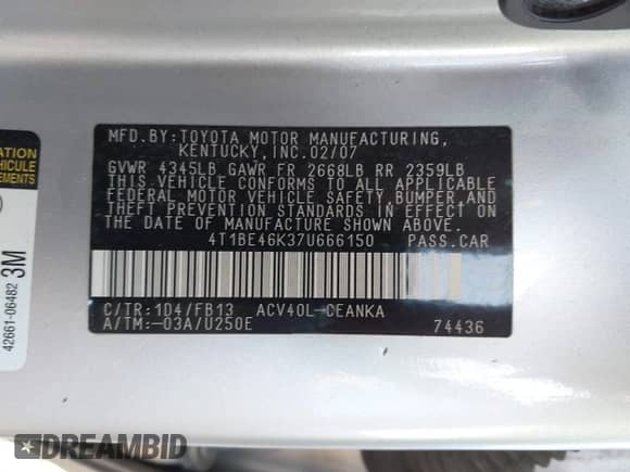 2007 Toyota Camry CE with VIN 4T1BE46K37U666150, listed as a IAAI auction lot 43020793 with 234,940 mi miles and . Bid and sale history available at DreamBid. Image 9.