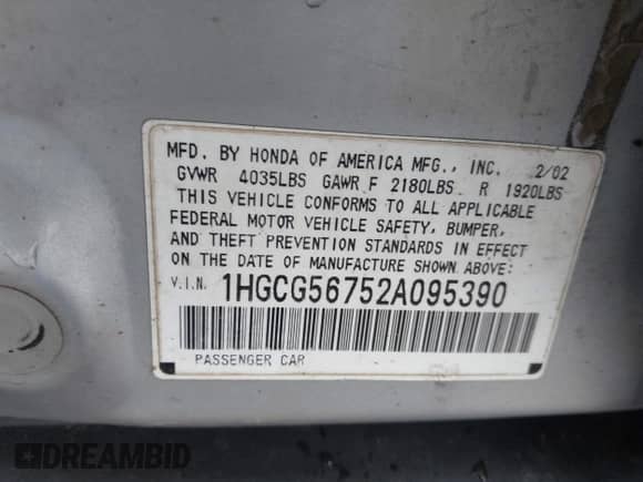 2002 Honda Accord SE with VIN 1HGCG56752A095390, listed as a IAAI auction lot 42626989 with 306,182 mi miles and . Bid and sale history available at DreamBid. Image 9.