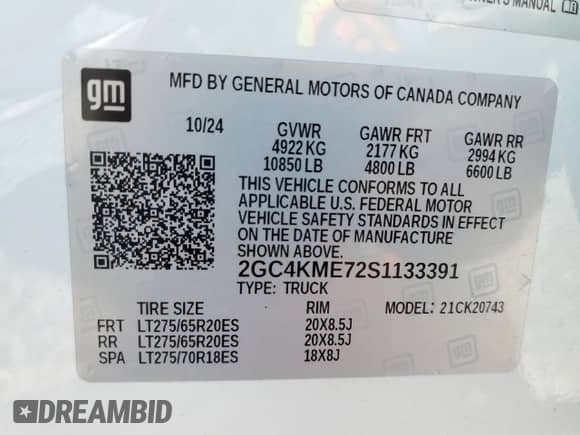 2025 Chevrolet Silverado 2500 with VIN 2GC4KME72S1133391, listed as a Copart auction lot 59911755 with 3,522 mi miles and Salvage title. Bid and sale history available at DreamBid. Image 12.