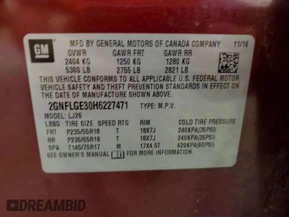 2017 Chevrolet Equinox Premier with VIN 2GNFLGE30H6227471, listed as a Copart auction lot 61859295 with 133,616 mi miles and Salvage title. Bid and sale history available at DreamBid. Image 14.