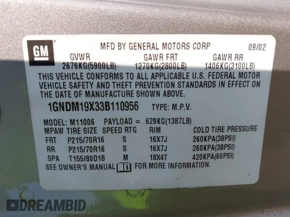 2003 Chevrolet Astro с VIN 1GNDM19X33B110956, выставлен на аукционе IAAI как лот 43012348 с пробегом 177 724 миль миль и . История ставок и продаж доступна на DreamBid. Изображение 9.