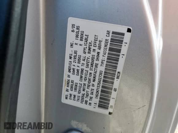 2005 Honda Accord with VIN 1HGCM71535A027393, listed as a Copart auction lot 54110125 with 251,187 mi miles and Salvage title. Bid and sale history available at DreamBid. Image 13.