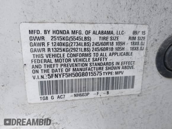 2016 Honda Pilot EX-L with VIN 5FNYF5H50GB015575, listed as a IAAI auction lot 43203296 with 183,086 mi miles and . Bid and sale history available at DreamBid. Image 9.