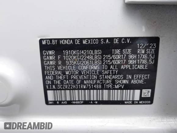 2024 Honda HR-V LX с VIN 3CZRZ2H31RM751488, выставлен на аукционе IAAI как лот 42642690 с пробегом 12 169 миль миль и . История ставок и продаж доступна на DreamBid. Изображение 9.