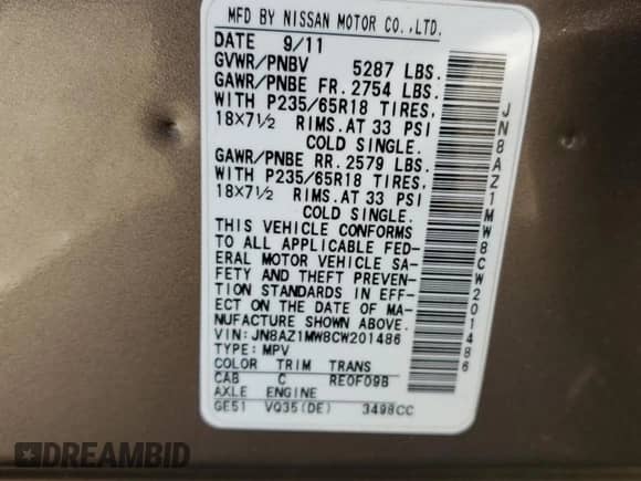 2012 Nissan Murano SL with VIN JN8AZ1MW8CW201486, listed as a Copart auction lot 60975505 with 145,092 mi miles and Salvage title. Bid and sale history available at DreamBid. Image 15.