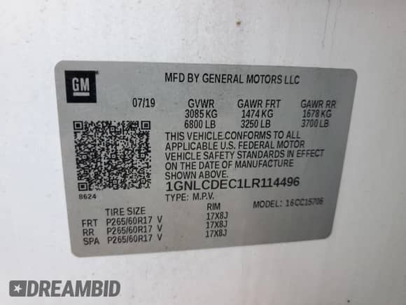 2020 Chevrolet Tahoe Commercial с VIN 1GNLCDEC1LR114496, выставлен на аукционе Copart как лот 66722055 с пробегом Не указан миль и На запчасти • Non repairable. История ставок и продаж доступна на DreamBid. Изображение 14.
