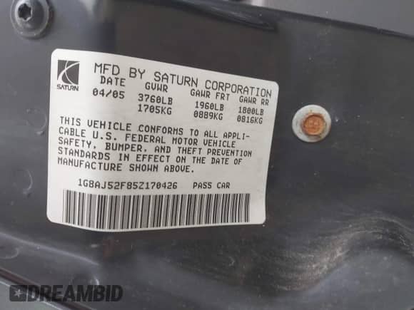 2005 Saturn ION ION 2 с VIN 1G8AJ52F85Z170426, выставлен на аукционе IAAI как лот 42299864 с пробегом 149 029 миль миль и . История ставок и продаж доступна на DreamBid. Изображение 9.