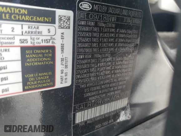 2019 Land Rover Discovery HSE Luxury с VIN SALRT2RV8KA087077, выставлен на аукционе Copart как лот 52683705 с пробегом 87 551 миль миль и Списание • Salvage title. История ставок и продаж доступна на DreamBid. Изображение 13.