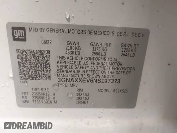 2022 Chevrolet Equinox Premier с VIN 3GNAXXEV6NS197373, выставлен на аукционе IAAI как лот 42277394 с пробегом 95 665 миль миль и . История ставок и продаж доступна на DreamBid. Изображение 9.