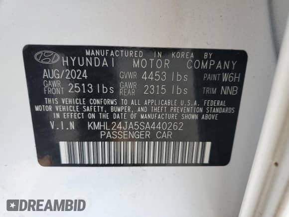 2025 Hyundai Sonata SE with VIN KMHL24JA5SA440262, listed as a Copart auction lot 65745005 with 2,608 mi miles and Salvage title. Bid and sale history available at DreamBid. Image 12.