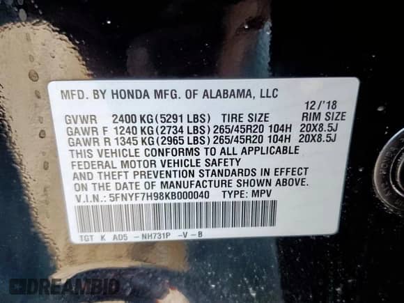 2019 Honda Passport Touring with VIN 5FNYF7H98KB000040, listed as a Copart auction lot 68491955 with 48,418 mi miles and Salvage title. Bid and sale history available at DreamBid. Image 14.