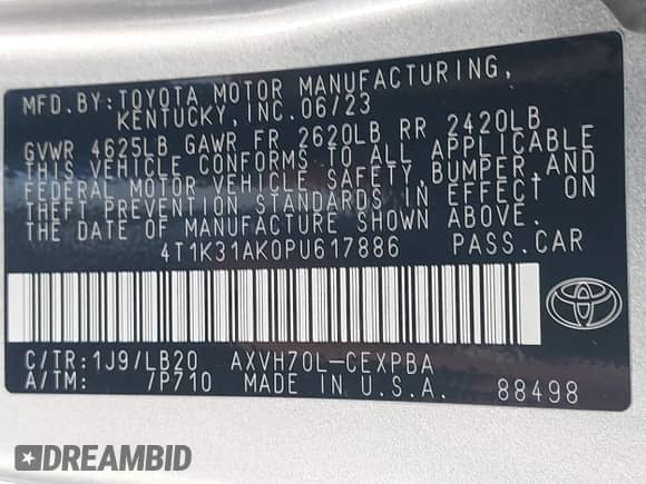 2023 Toyota Camry Hybrid XSE с VIN 4T1K31AK0PU617886, выставлен на аукционе IAAI как лот 42784356 с пробегом 56 946 миль миль и . История ставок и продаж доступна на DreamBid. Изображение 9.