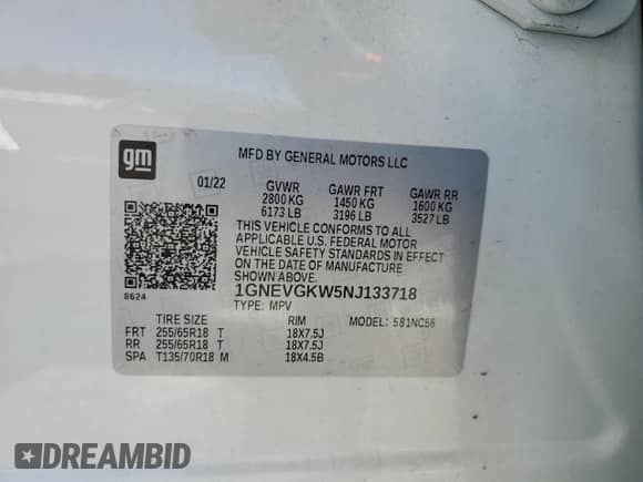 2022 Chevrolet Traverse LT Cloth с VIN 1GNEVGKW5NJ133718, выставлен на аукционе Copart как лот 80818155 с пробегом 47 797 миль миль и Списание • Salvage title. История ставок и продаж доступна на DreamBid. Изображение 14.