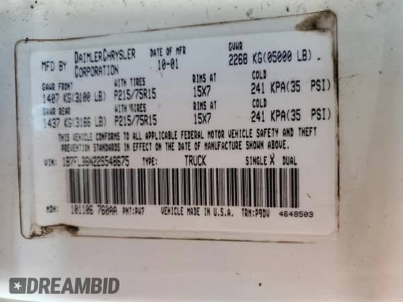 2002 Dodge Dakota с VIN 1B7FL36N22S548675, выставлен на аукционе Copart как лот 75228864 с пробегом 121 051 миль миль и На запчасти • Non repairable. История ставок и продаж доступна на DreamBid. Изображение 13.