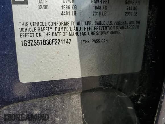 2008 Saturn Aura XE с VIN 1G8ZS57B38F221147, выставлен на аукционе Copart как лот 59804825 с пробегом 157 788 миль миль и Списание • Salvage title. История ставок и продаж доступна на DreamBid. Изображение 12.