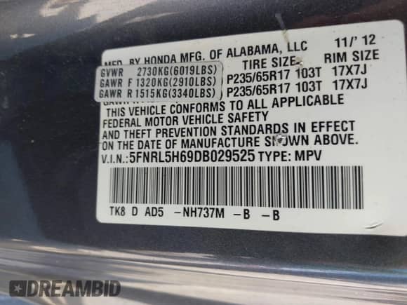 2013 Honda Odyssey EX-L с VIN 5FNRL5H69DB029525, выставлен на аукционе IAAI как лот 43136960 с пробегом Не указан миль и . История ставок и продаж доступна на DreamBid. Изображение 9.