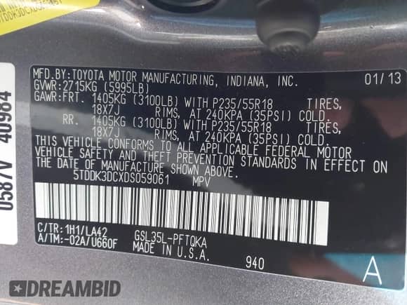 2013 Toyota Sienna XLE with VIN 5TDDK3DCXDS059061, listed as a IAAI auction lot 41777329 with 142,889 mi miles and . Bid and sale history available at DreamBid. Image 9.