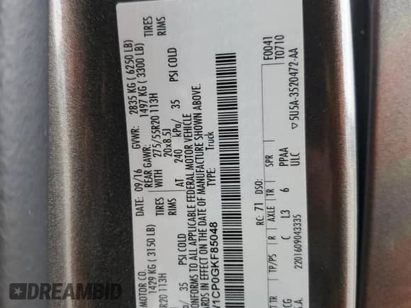 2016 Ford F-150 XL z VIN 1FTEW1CP0GKF85048, wystawiony jako Copart lot #58833625 z przebiegiem 129 257 mil mil oraz Szkoda całkowita • Salvage title. Historia ofert i sprzedaży dostępna na DreamBid. Obrazek 12.