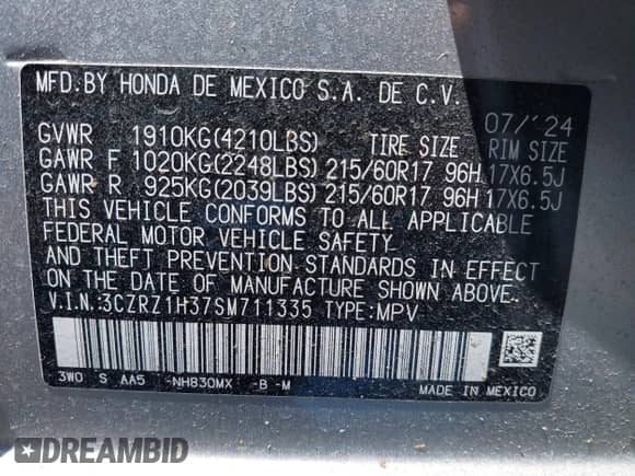 2025 Honda HR-V LX с VIN 3CZRZ1H37SM711335, выставлен на аукционе IAAI как лот 42934011 с пробегом Не указан миль и . История ставок и продаж доступна на DreamBid. Изображение 9.