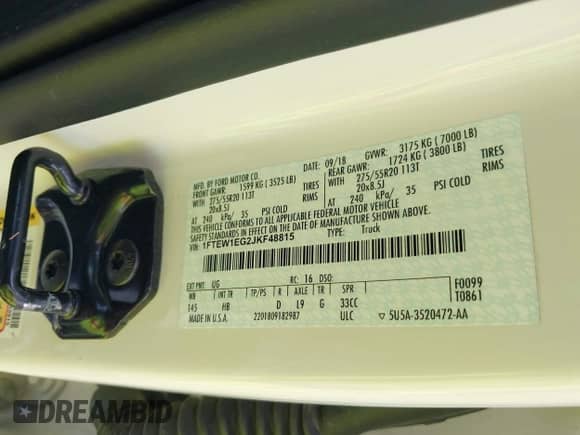 2018 Ford F-150 XL z VIN 1FTEW1EG2JKF48815, wystawiony jako IAAI lot #43303966 z przebiegiem 125 913 mil mil oraz . Historia ofert i sprzedaży dostępna na DreamBid. Obrazek 9.