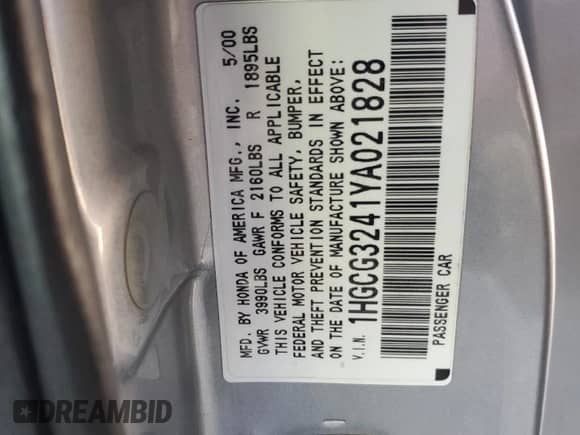 2000 Honda Accord LX z VIN 1HGCG3241YA021828, wystawiony jako Copart lot #43173255 z przebiegiem Nie podano mil oraz Szkoda całkowita • Salvage title. Historia ofert i sprzedaży dostępna na DreamBid. Obrazek 12.