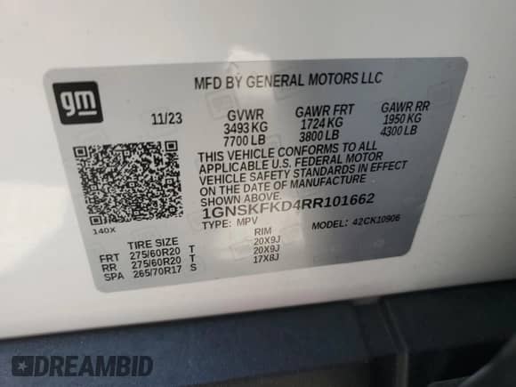 2024 Chevrolet Suburban Premier с VIN 1GNSKFKD4RR101662, выставлен на аукционе Copart как лот 74308334 с пробегом 2 820 миль миль и На запчасти • Non repairable. История ставок и продаж доступна на DreamBid. Изображение 14.