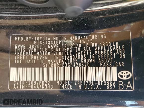 2016 Toyota Corolla L with VIN 5YFBURHE3GP428520, listed as a Copart auction lot 53352865 with 135,742 mi miles and Salvage title. Bid and sale history available at DreamBid. Image 12.