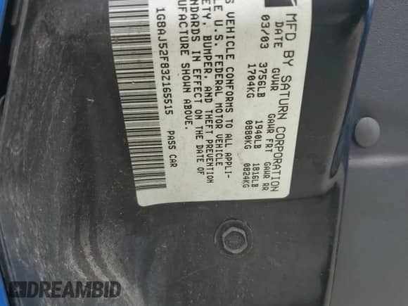 2003 Saturn ION ION 2 с VIN 1G8AJ52F83Z165515, выставлен на аукционе Copart как лот 60223925 с пробегом 140 897 миль миль и Списание • Salvage title. История ставок и продаж доступна на DreamBid. Изображение 12.