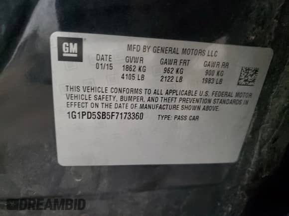 2015 Chevrolet Cruze LT with VIN 1G1PD5SB5F7173360, listed as a Copart auction lot 54489485 with 157,544 mi miles and Salvage title. Bid and sale history available at DreamBid. Image 12.