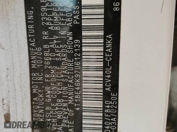 2007 Toyota Camry CE with VIN 4T1BE46K97U612139, listed as a Copart auction lot 67521065 with 220,229 mi miles and Salvage title. Bid and sale history available at DreamBid. Image 12.