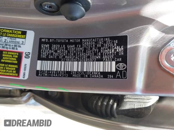 2016 Toyota Corolla L with VIN 2T1BURHE7GC685972, listed as a IAAI auction lot 43076011 with 94,378 mi miles and . Bid and sale history available at DreamBid. Image 9.
