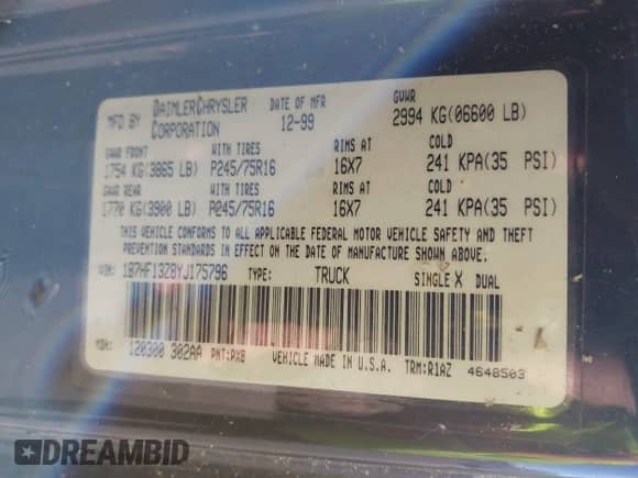 2000 Dodge 1500 with VIN 1B7HF13Z8YJ175796, listed as a IAAI auction lot 43515316 with 151,552 mi miles and . Bid and sale history available at DreamBid. Image 9.