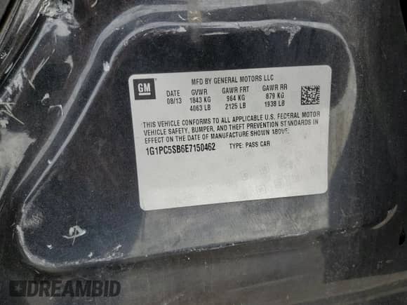2014 Chevrolet Cruze 1LT с VIN 1G1PC5SB6E7150462, выставлен на аукционе Copart как лот 80636795 с пробегом 117 762 миль миль и Чистый • Clean title. История ставок и продаж доступна на DreamBid. Изображение 13.