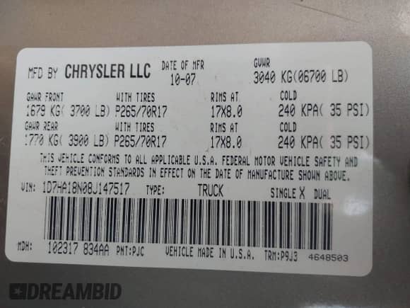 2008 Dodge 1500 SLT z VIN 1D7HA18N08J147517, wystawiony jako IAAI lot #42973312 z przebiegiem Nie podano mil oraz . Historia ofert i sprzedaży dostępna na DreamBid. Obrazek 9.