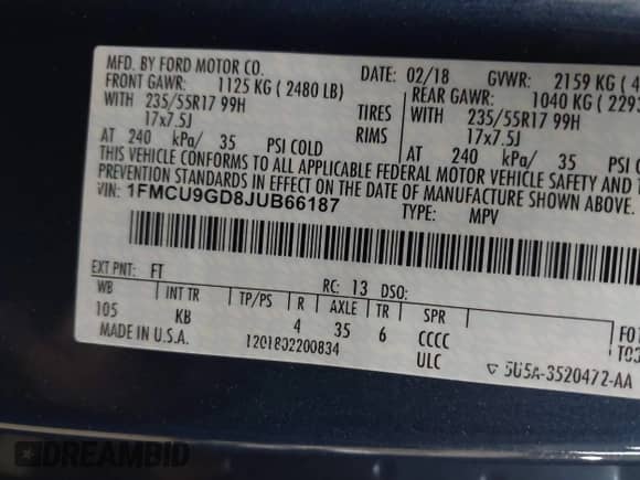 2018 Ford Escape SE with VIN 1FMCU9GD8JUB66187, listed as a IAAI auction lot 43298016 with 76,985 mi miles and . Bid and sale history available at DreamBid. Image 9.