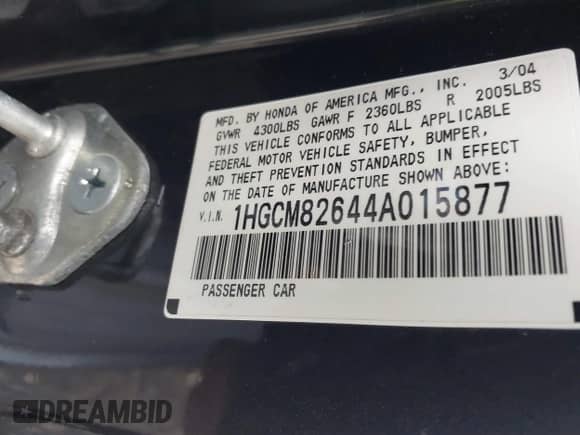 2004 Honda Accord EX with VIN 1HGCM82644A015877, listed as a IAAI auction lot 42882305 with 142,728 mi miles and . Bid and sale history available at DreamBid. Image 9.