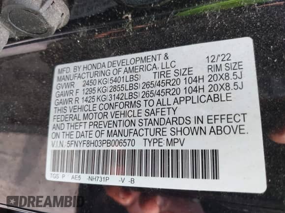 2023 Honda Passport Elite с VIN 5FNYF8H03PB006570, выставлен на аукционе IAAI как лот 42580475 с пробегом 938 миль миль и . История ставок и продаж доступна на DreamBid. Изображение 9.