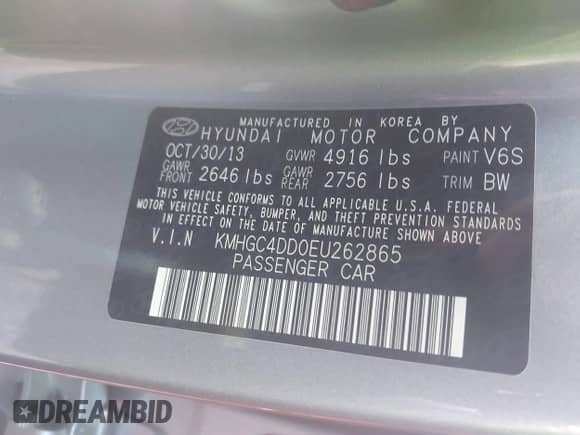 2014 Hyundai Genesis 3.8L with VIN KMHGC4DD0EU262865, listed as a IAAI auction lot 42009496 with 181,971 mi miles and . Bid and sale history available at DreamBid. Image 9.