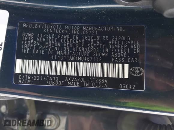 2021 Toyota Camry SE Nightshade z VIN 4T1G11AK4MU467112, wystawiony jako IAAI lot #42605053 z przebiegiem 62 058 mil mil oraz . Historia ofert i sprzedaży dostępna na DreamBid. Obrazek 9.