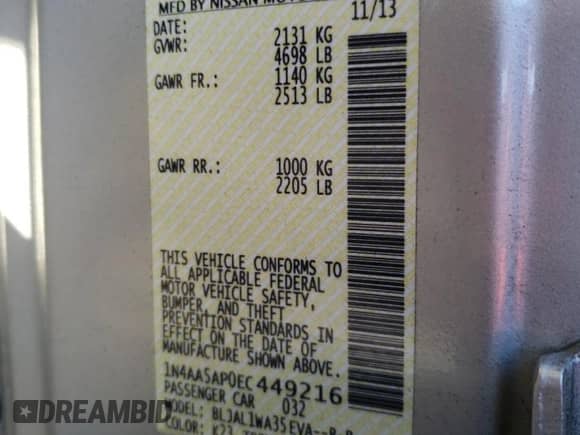 2014 Nissan Maxima SV with VIN 1N4AA5AP0EC449216, listed as a Copart auction lot 89532715 with 136,117 mi miles and Salvage title. Bid and sale history available at DreamBid. Image 13.