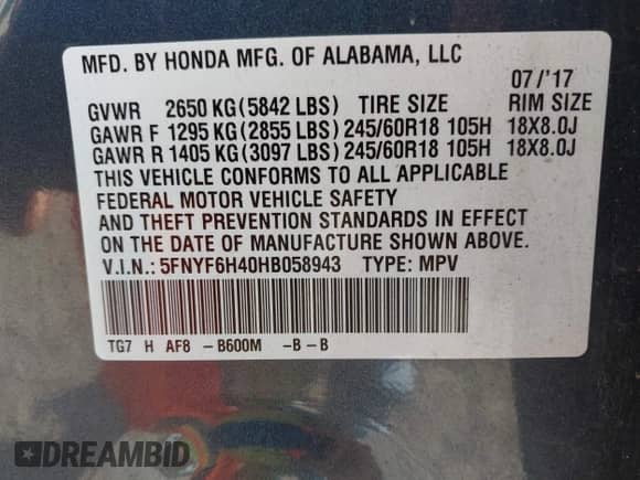 2017 Honda Pilot EX с VIN 5FNYF6H40HB058943, выставлен на аукционе IAAI как лот 42827219 с пробегом 129 957 миль миль и . История ставок и продаж доступна на DreamBid. Изображение 9.