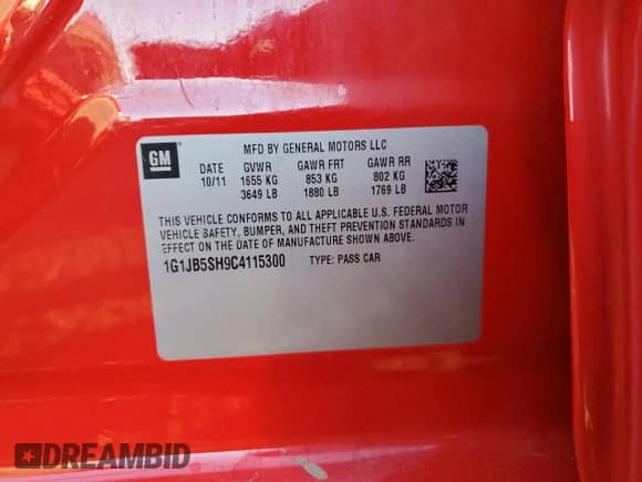 2012 Chevrolet Sonic LS with VIN 1G1JB5SH9C4115300, listed as a Copart auction lot 82707544 with 105,170 mi miles and Salvage title. Bid and sale history available at DreamBid. Image 12.