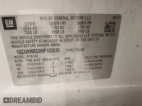 2017 Chevrolet Silverado 1500 Work Truck with VIN 1GCUKNEC8HF183636, listed as a IAAI auction lot 39802891 with 120,452 mi miles and . Bid and sale history available at DreamBid. Image 9.