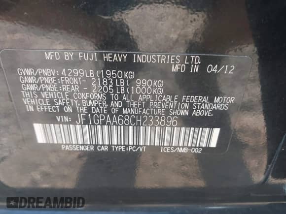 2012 Subaru Impreza 2.0i with VIN JF1GPAA68CH233896, listed as a IAAI auction lot 42828018 with 114,673 mi miles and . Bid and sale history available at DreamBid. Image 9.