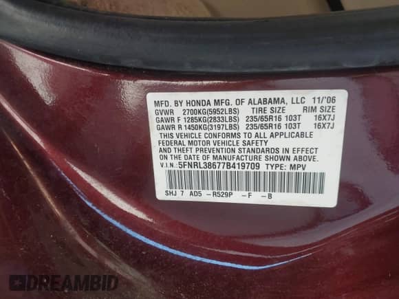 2007 Honda Odyssey EX-L с VIN 5FNRL38677B419709, выставлен на аукционе IAAI как лот 42831855 с пробегом 221 620 миль миль и . История ставок и продаж доступна на DreamBid. Изображение 9.