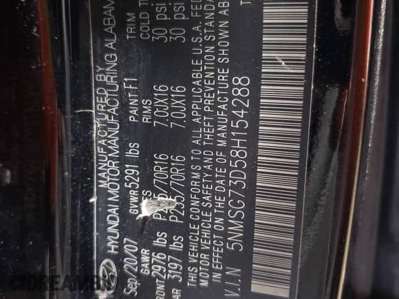 2008 Hyundai Santa Fe GLS с VIN 5NMSG73D58H154288, выставлен на аукционе Copart как лот 67593954 с пробегом 220 855 миль миль и Чистый • Clean title. История ставок и продаж доступна на DreamBid. Изображение 13.