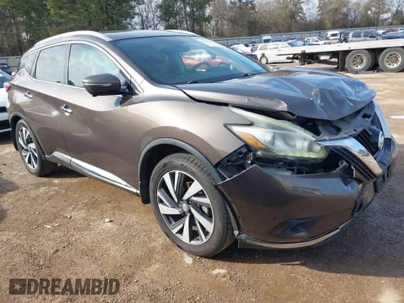 2015 Nissan Murano Platinum with VIN 5N1AZ2MGXFN243612, listed as a IAAI auction lot 41427694 with 145,902 mi miles and . Bid and sale history available at DreamBid. Image 1.