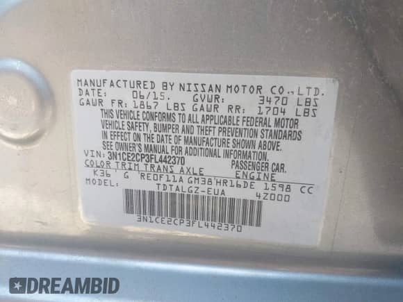 2015 Nissan Note S with VIN 3N1CE2CP3FL442370, listed as a IAAI auction lot 42551749 with 122,807 mi miles and . Bid and sale history available at DreamBid. Image 9.