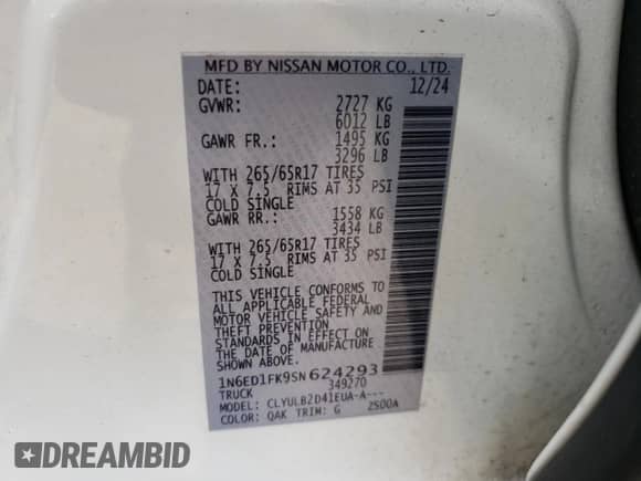 2025 Nissan Frontier SV z VIN 1N6ED1FK9SN624293, wystawiony jako Copart lot #70285855 z przebiegiem 20 496 mil mil oraz Szkoda całkowita • Salvage title. Historia ofert i sprzedaży dostępna na DreamBid. Obrazek 13.