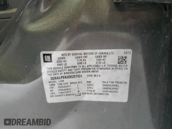 2013 Chevrolet Equinox LT with VIN 2GNALPEK6D6287931, listed as a Copart auction lot 71424305 with 158,664 mi miles and Salvage title. Bid and sale history available at DreamBid. Image 13.